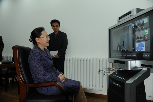 图为吴文彦理事长在启动仪式现场与区县残联进行视频对接